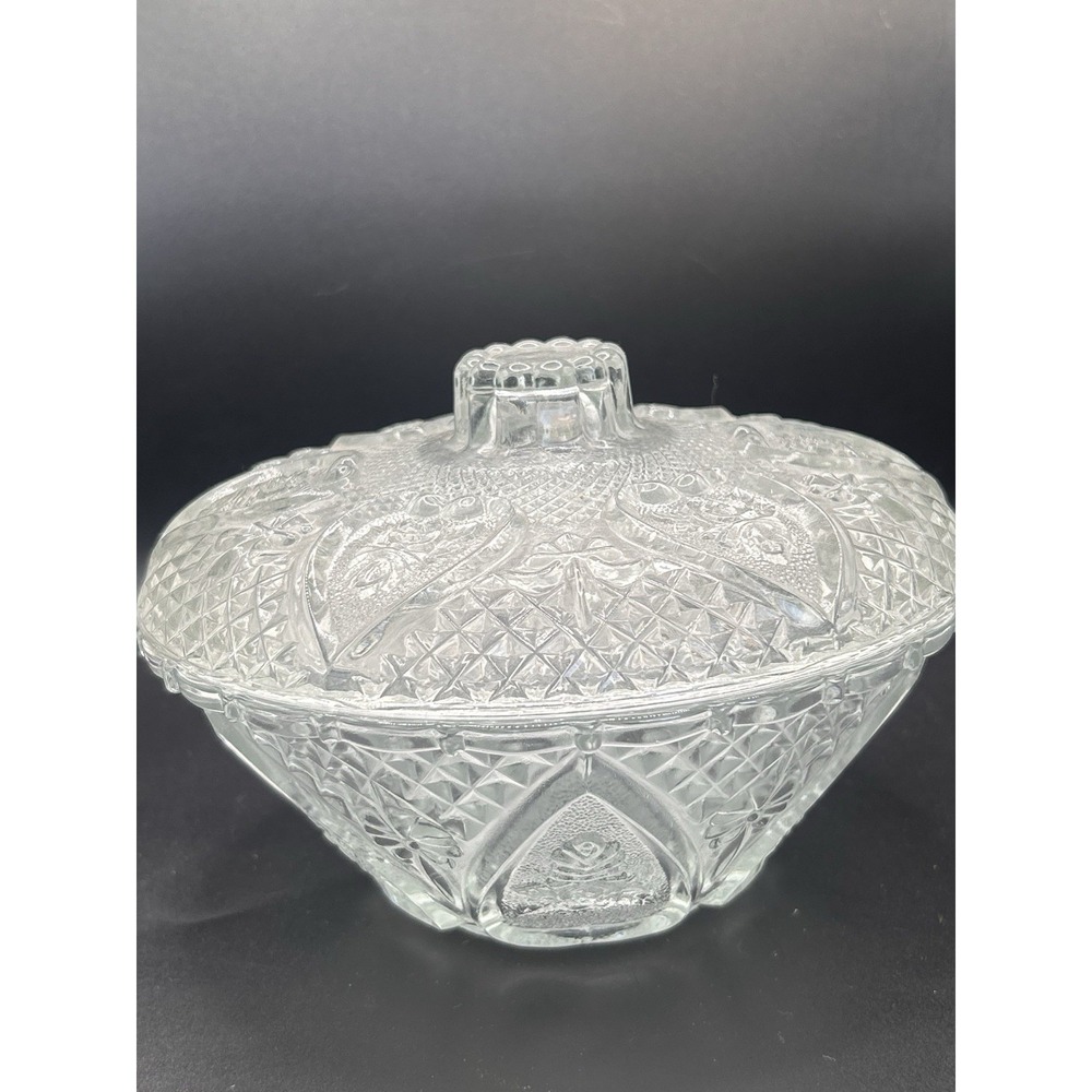 Vintage Pressed Glass Candy Dish Bowl & Lid Firna Indonesia 5" Round Hearts